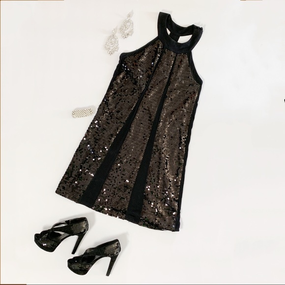NWT INC Black Sequin Halter Party Dress Size Large - Picture 1 of 5